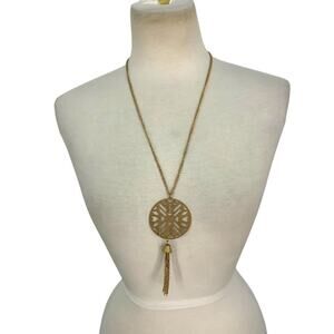 Gold Tone Metal Cutout Pendant Tassel Chain Necklace